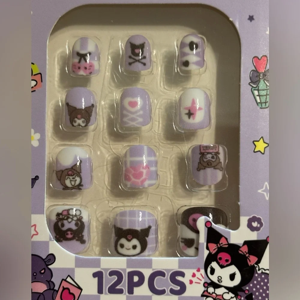 15 packs Little Girls Press On Nails Hello Kitty Melody Kuromi Cinnamoroll &More